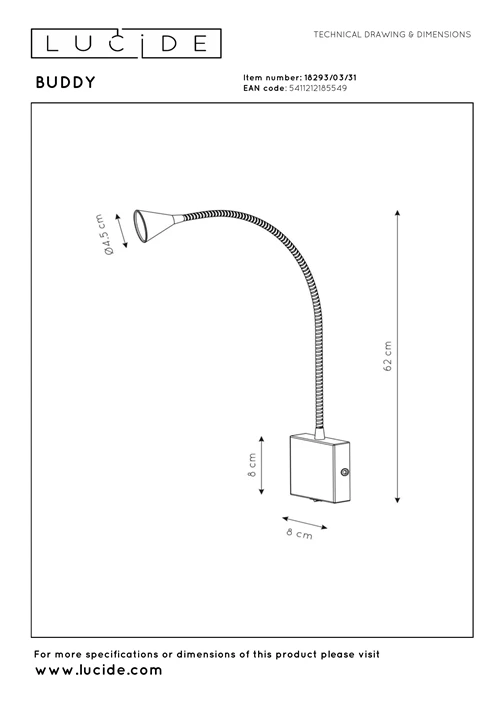 Lucide BUDDY - Bettlampe / Wandleuchte - LED - 1x4W 4000K - Weiß - technisch